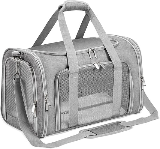 Soft-Sided Cat/Dog/Pet Carrier, Collapsible Pets Travel Carriers for Big Cats/Small Dogs with Shoulder Strap & Removable Mat, Mesh Puppy Carry Bag, Up to 16 Lbs, TSA Airline Approved(Gray)