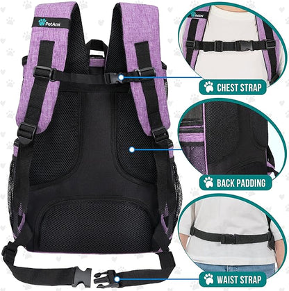 PetAmi Dog Backpack Carrier, Airline Approved Cat Backpacks for Carrying Small Large Cats, Pet Carrier Back Pack, Ventilated Soft Sided for Travel, Hiking, Camping, Max 18 lbs, Purple