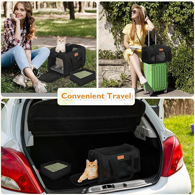 PETUX Airline Approved Cat Carrier or Small Cat up to 12 lb - 17x11x9.5 in Underseat, Top & Side Entry Pet Carrier with Breathable Anti-Scratch Mesh & Litter Box for Travel and Vet Visit - Black