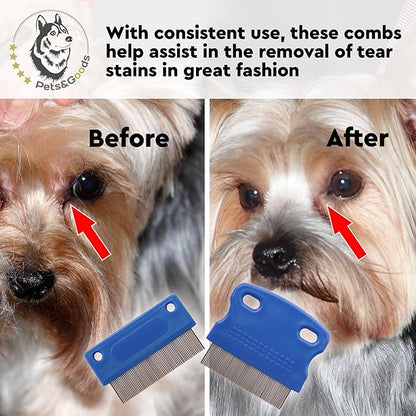 Pets&Goods Tear Stain Remover Comb Set for Dogs & Cats – Stainless Steel Eye Grooming Tool for Stains, Crust & Mucus – Gentle, Safe, Reusable – 2 Pack