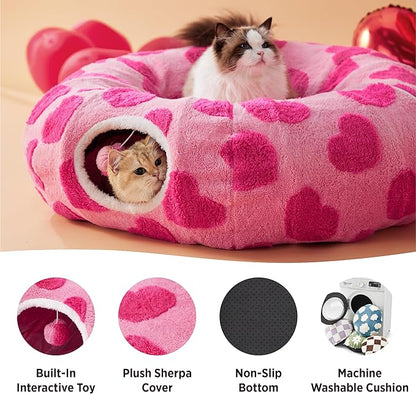 Lesure Cat Tunnel Bed for Indoor Cats - Cute Cat Donut Tunnel Toys with Washable Circle Cushion, Round Pet Peekaboo Cave Toy for Kitten/Puppy/Rabbit, Standard Pink Hearts