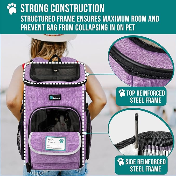 PetAmi Dog Backpack Carrier, Airline Approved Cat Backpacks for Carrying Small Large Cats, Pet Carrier Back Pack, Ventilated Soft Sided for Travel, Hiking, Camping, Max 18 lbs, Purple