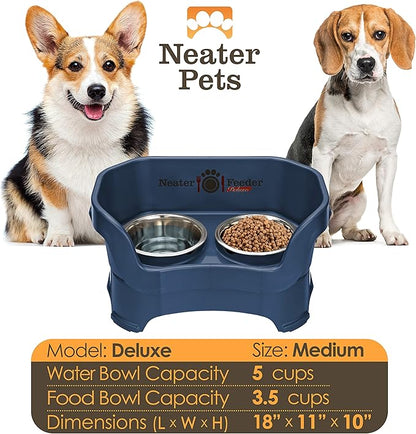 Neater Pet Brands Neater Feeder Deluxe Mess Proof Dog Bowls Elevated for Medium Dogs 19-40 lbs, Made in USA, No Spill Raised Dog Food Bowl Stand Feeding Station, Food and Water Bowl Set, Dark Blue