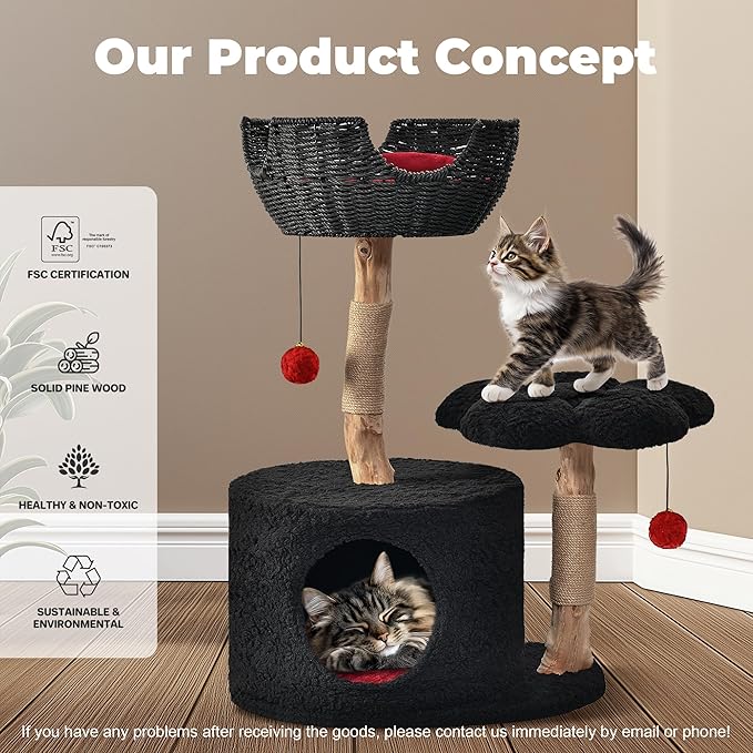 Easyego Modern Cat Tree, Aesthetic Wood Cat Tree Tower for Large Cats, Luxury Cat Condo with Scratching Posts and Flower Platforms, Cat Furniture by Easyego，(Modern Black)