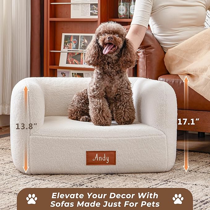 White Faux Shearling Dog Couch Bed for Small Dogs Cats Under 35 lbs, 25.6 Inch Modern Elevated Cat Sofa with Leather Nameplate, Indoor Furniture Style Cute Raised Pet Sofa Bed (Small)