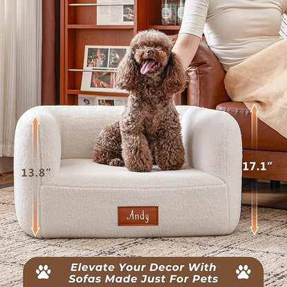 White Faux Shearling Dog Couch Bed for Small Dogs Cats Under 35 lbs, 25.6 Inch Modern Elevated Cat Sofa with Leather Nameplate, Indoor Furniture Style Cute Raised Pet Sofa Bed (Small)