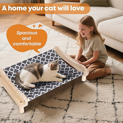 Elevated Wooden Cat Bed – 24"x15.7"x5.9" Breathable Hammock Pet Bed for Indoor/Outdoor Use, Raised Dog Lounger for Small Pets Like Kittens, Puppies, Rabbits, and Bunnies (Grey-1)
