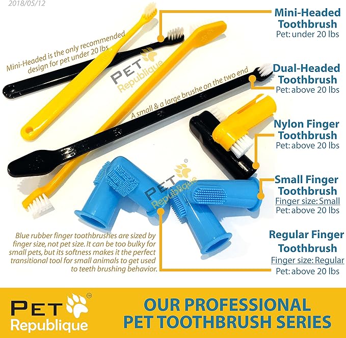 Pet Republique Dog Toothbrush Set of 6 – Dual Headed Dental Hygiene Brushes for Small to Large Dogs, Cats, and Most Pets