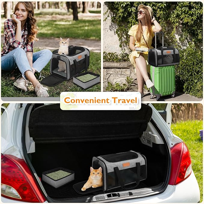 PETUX Airline Approved Cat Carrier or Small Cat up to 12 lb - 17x11x9.5 in Underseat, Top & Side Entry Pet Carrier with Breathable Anti-Scratch Mesh & Litter Box for Travel and Vet Visit - Grey