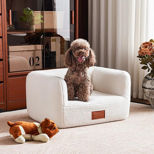 White Faux Shearling Dog Couch Bed for Small Dogs Cats Under 35 lbs, 25.6 Inch Modern Elevated Cat Sofa with Leather Nameplate, Indoor Furniture Style Cute Raised Pet Sofa Bed (Small)