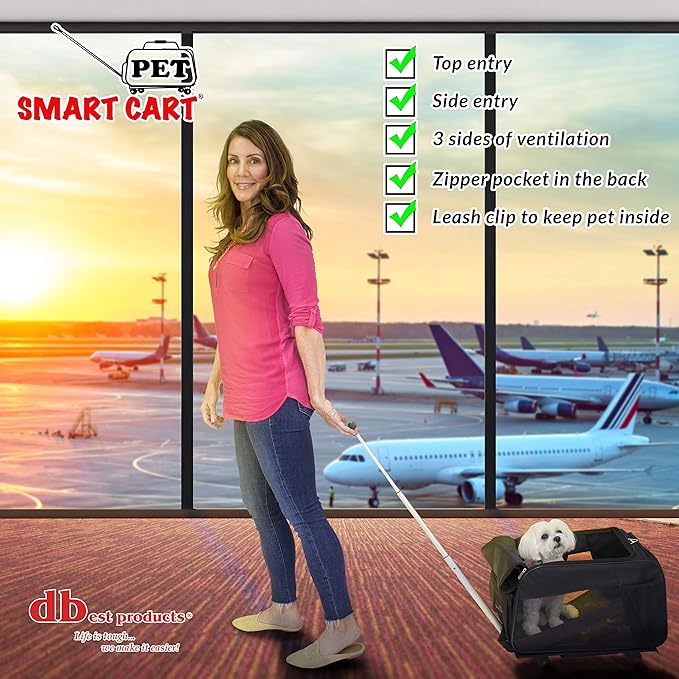 dbest products Smart Cart Pet Carrier with Wheels, Airline Approved Dog and Cat Carrier with Telescoping Handle, 21x12x12in, 24 lb Capacity, Black