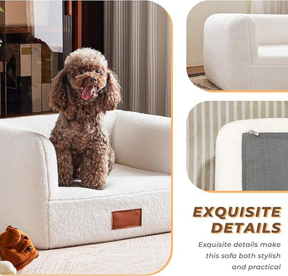 White Faux Shearling Dog Couch Bed for Small Dogs Cats Under 35 lbs, 25.6 Inch Modern Elevated Cat Sofa with Leather Nameplate, Indoor Furniture Style Cute Raised Pet Sofa Bed (Small)