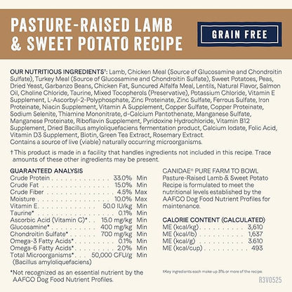 Canidae Pure Farm to Bowl Pasture-Raised Lamb & Sweet Potato, Grain-Free Dry Dog Food, Adult, 22lb