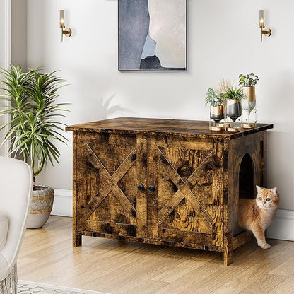 Shintenchi Cat Littler Box Enclosure, Litter Box Furniture Hidden with Removable Divider, Cat House with End Table, Brown