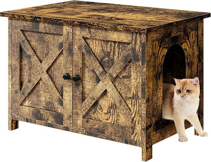 Shintenchi Cat Littler Box Enclosure, Litter Box Furniture Hidden with Removable Divider, Cat House with End Table, Brown