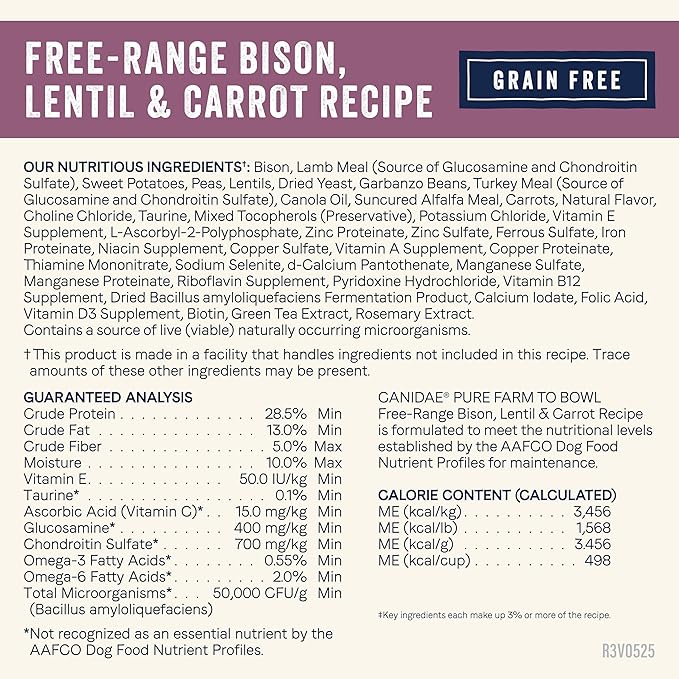 Canidae Pure Farm to Bowl Free-Range Bison, Lentil & Carrot, Adult, Grain-Free Dry Dog Food, 21lb