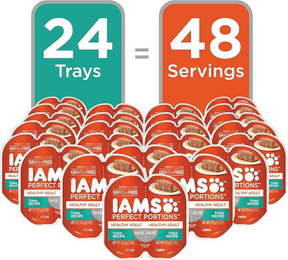 IAMS Perfect Portions Healthy Adult Grain Free Wet Cat Food Pate, Tuna Recipe, 2.6 oz. Easy Peel Twin-Pack Trays (24 Count, 48 Servings)