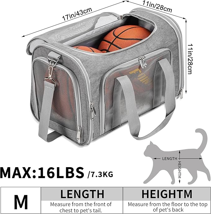 Soft-Sided Cat/Dog/Pet Carrier, Collapsible Pets Travel Carriers for Big Cats/Small Dogs with Shoulder Strap & Removable Mat, Mesh Puppy Carry Bag, Up to 16 Lbs, TSA Airline Approved(Gray)