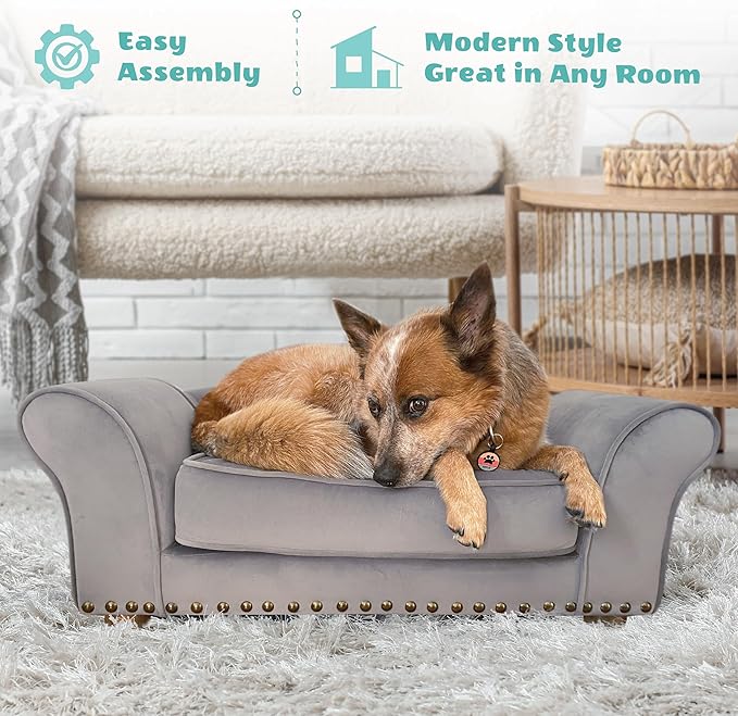 Critter Sitters 34-in. Faux Velvet Pet Bed Sofa in Dark Gray for Medium-Sized Dogs and Cats, Durable Indoor Pet Furniture for Bedroom, Living Room