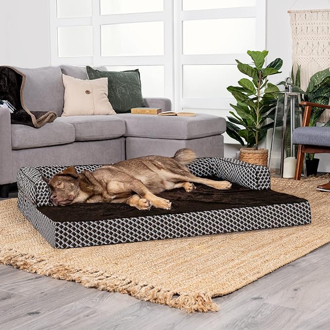 Furhaven Orthopedic Dog Bed for Large Dogs w/ Removable Bolsters & Washable Cover, For Dogs Up to 125 lbs - Plush & Woven Decor Comfy Couch Sofa - Diamond Brown, Jumbo Plus/XXL