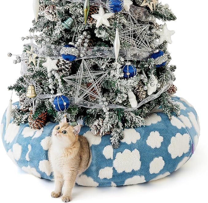 Lesure Cat Tunnel Bed for Indoor Cats - Cute Cat Donut Tunnel Toys for Small Large Cats with Washable Circle Cushion, Round Pet Peekaboo Cave Toy for Kitten/Puppy/Rabbit, Standard Cozy Clouds Blue