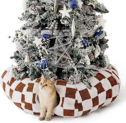 Lesure Cat Tunnel Bed for Indoor Cats - Cute Cat Donut Tunnel Toys for Small Large Cats with Washable Circle Cushion, Round Pet Peekaboo Cave Toy for Kitten/Puppy/Rabbit, Standard Brown Checks